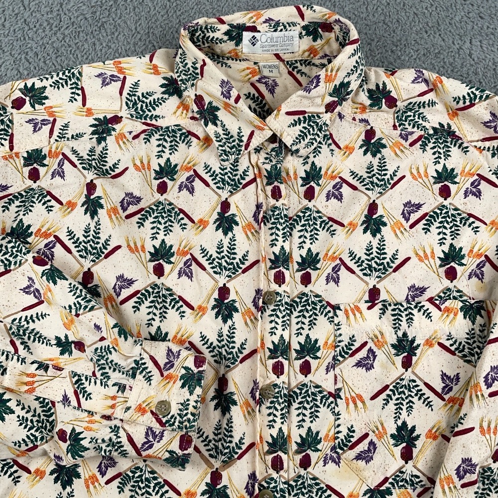 VTG Columbia Shirt Womens Medium Cream All Over Print Floral Nature Lightweight - Picture 1 of 12